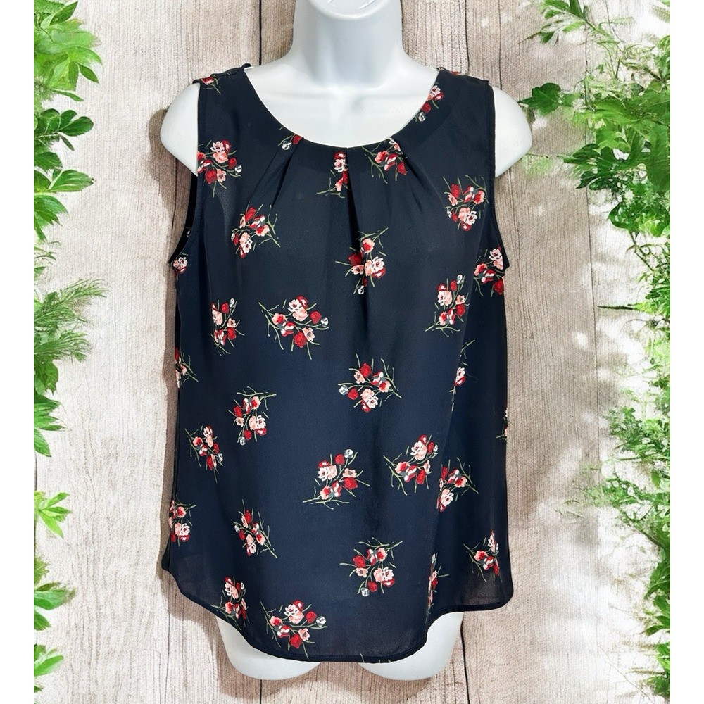 Loft Outlet Navy Floral Blouse Sz Small Petite Sleeveless Career Wear Top Loose